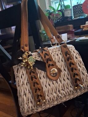 Custom Vintage Tote/ Punk Metal Studs,  Tan Leather Trim and Decorative Broochs